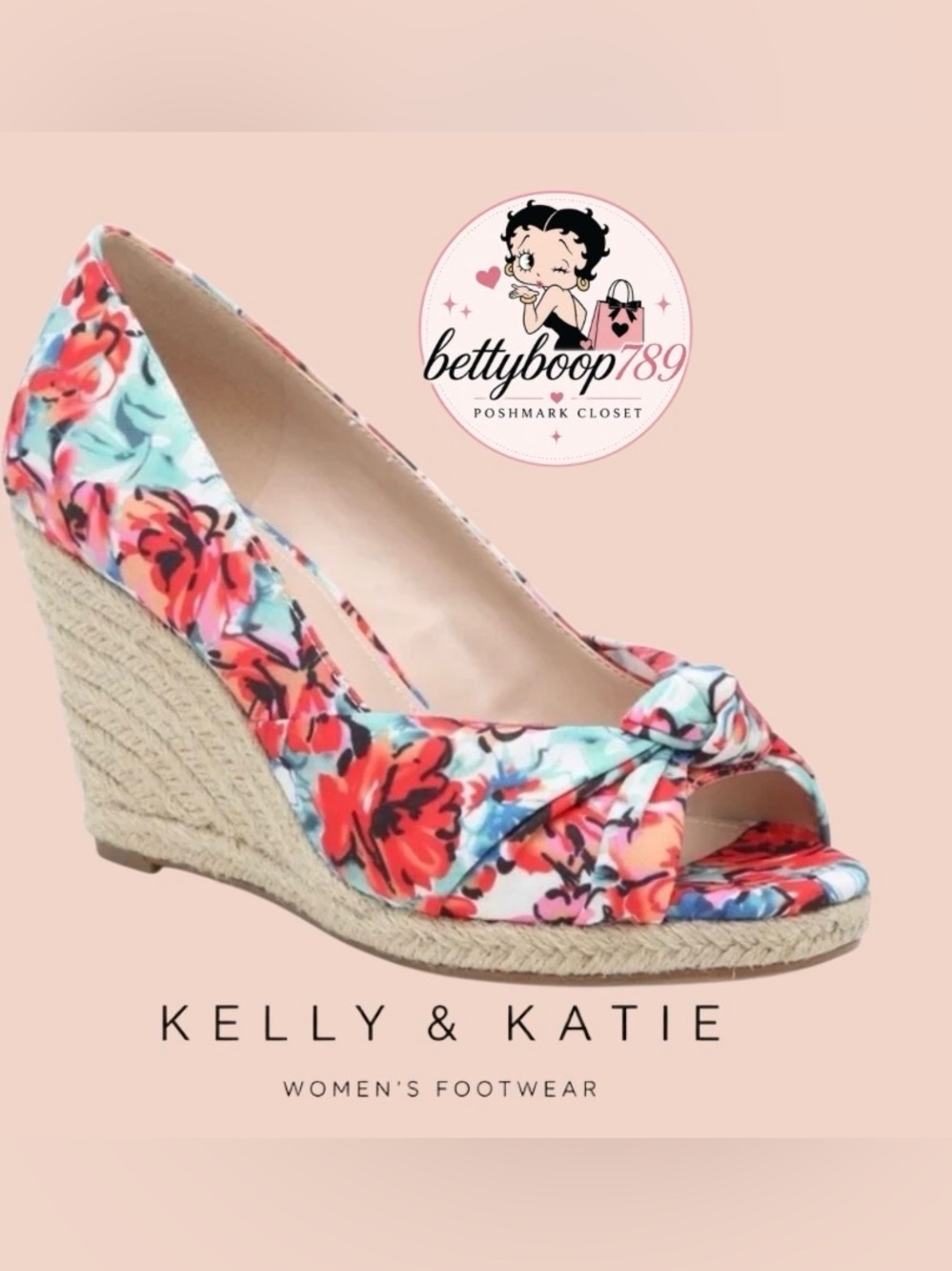 Kelly & Katie Floral Peep-Toe Espadrille Wedges - Coral & Aqua